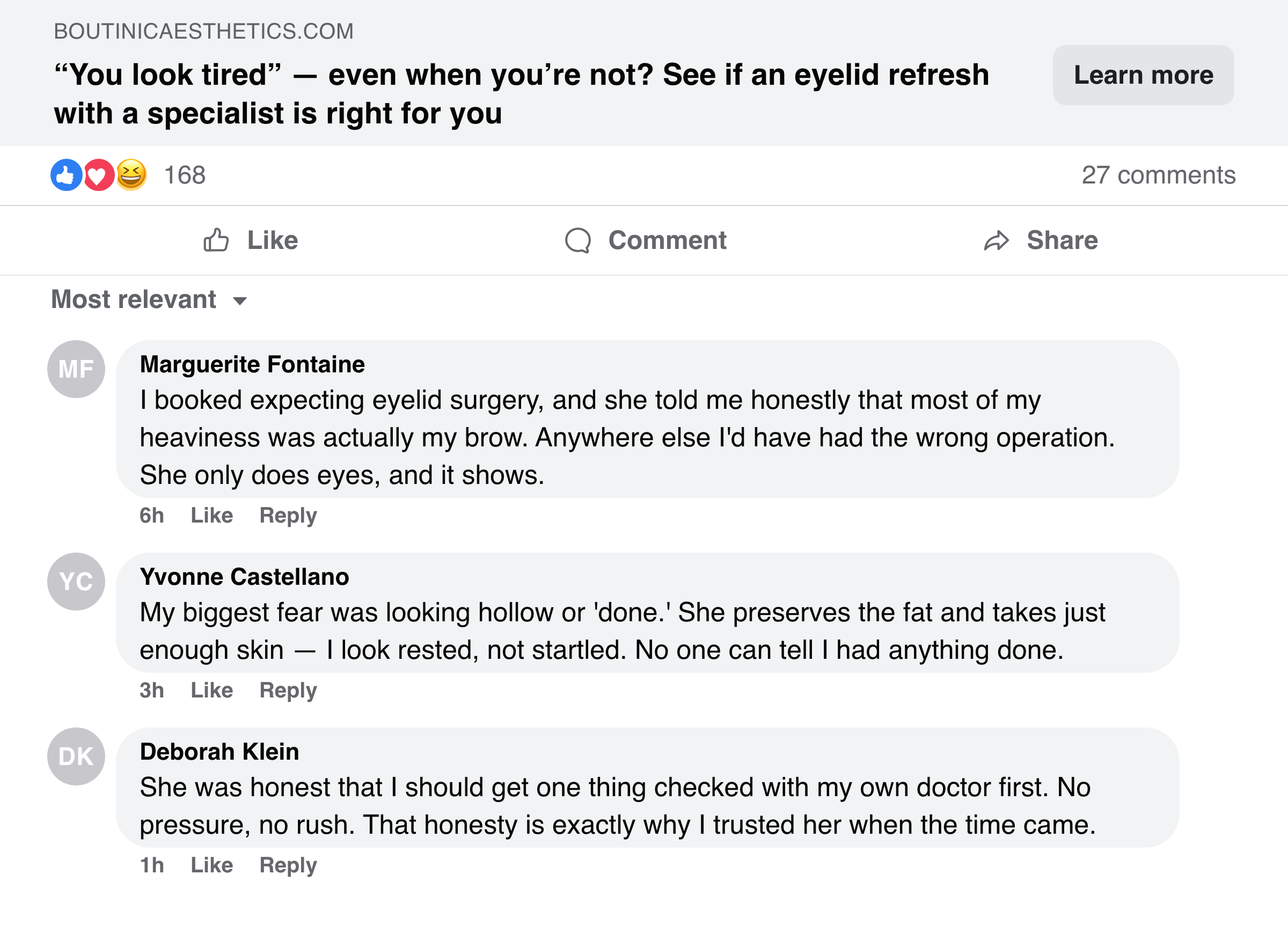 Facebook post and comments about the surgeon finding it was the brow, not just the lids