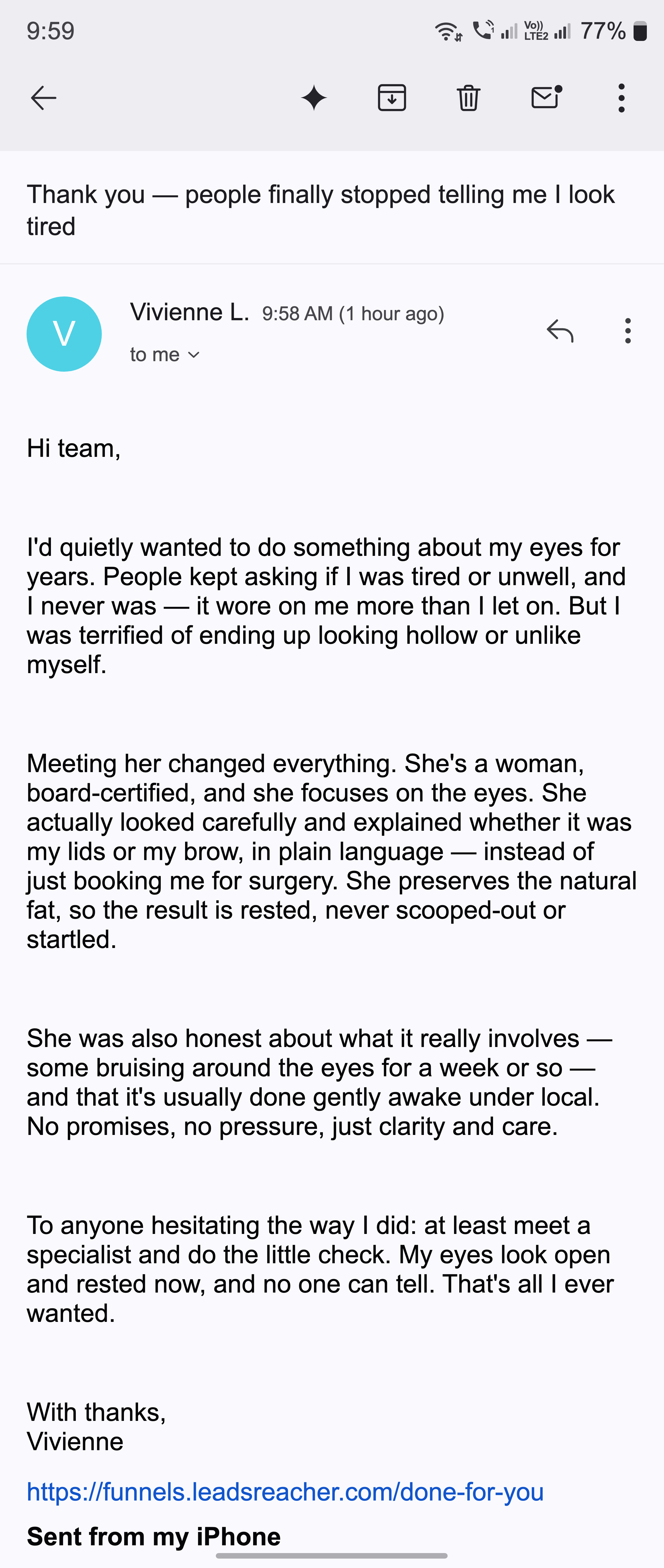 Thank-you email about rested eyes and an honest eyelid consultation
