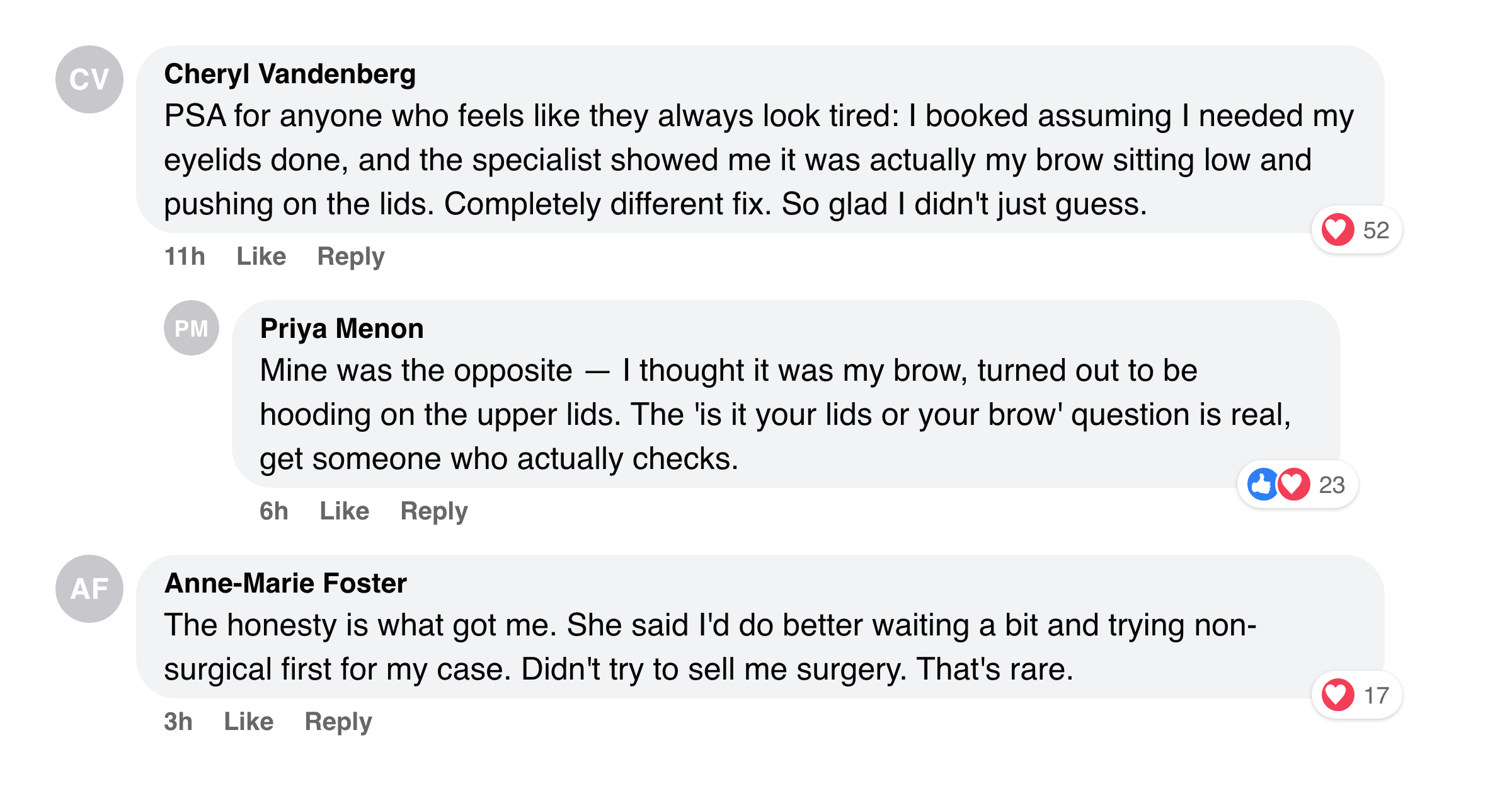 Facebook comments about learning whether the tired look was the lids or the brow