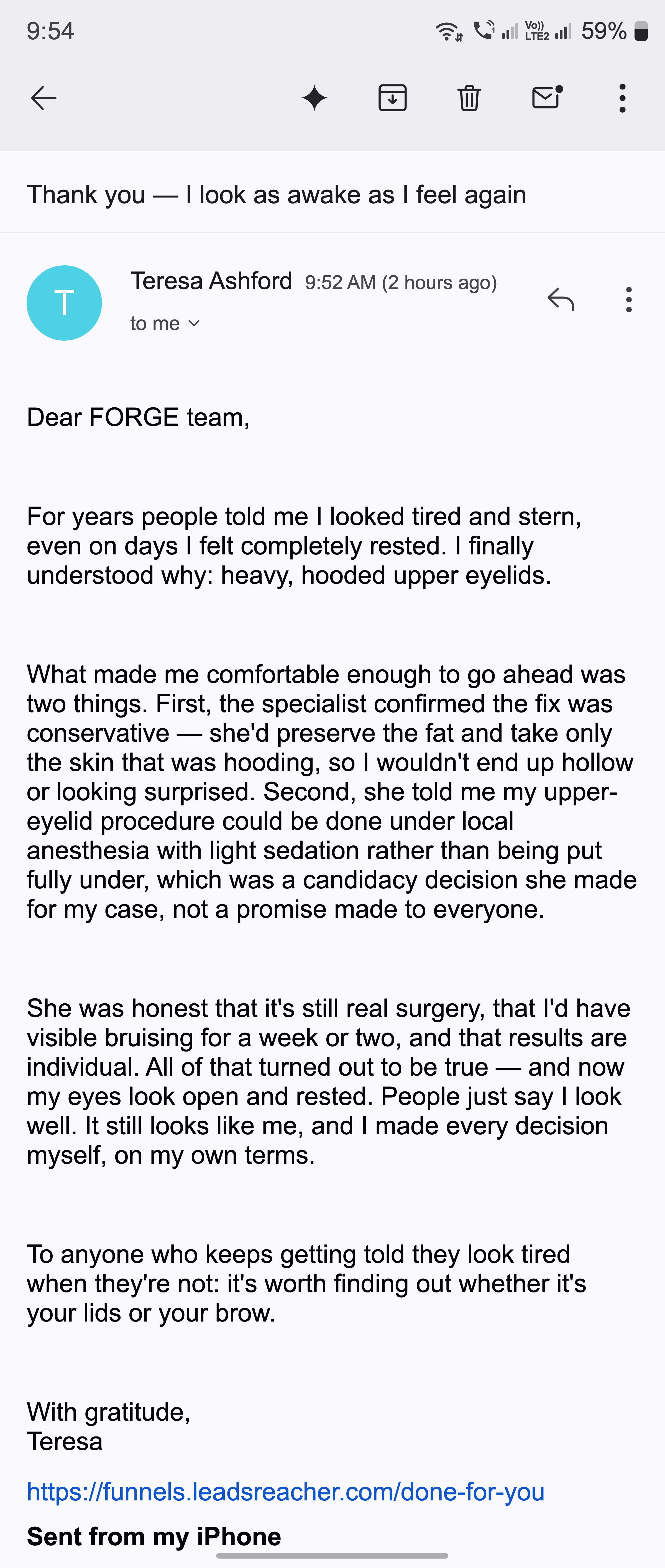 A thank-you email about looking as awake as they feel again after an upper-eyelid refresh