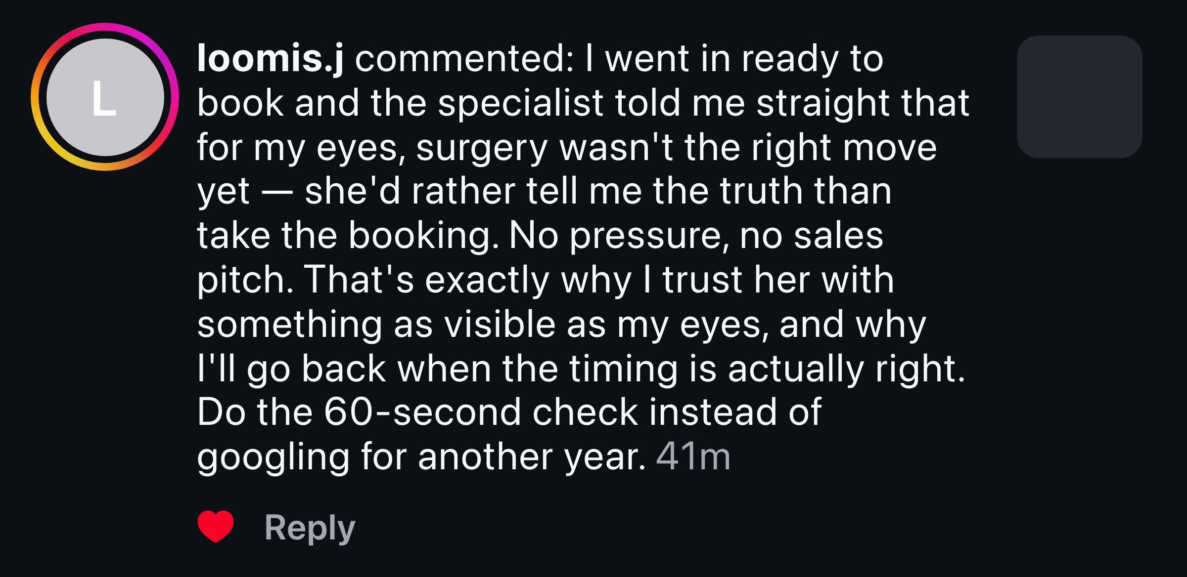 Instagram message from someone the specialist honestly told to wait, and trusted more for it