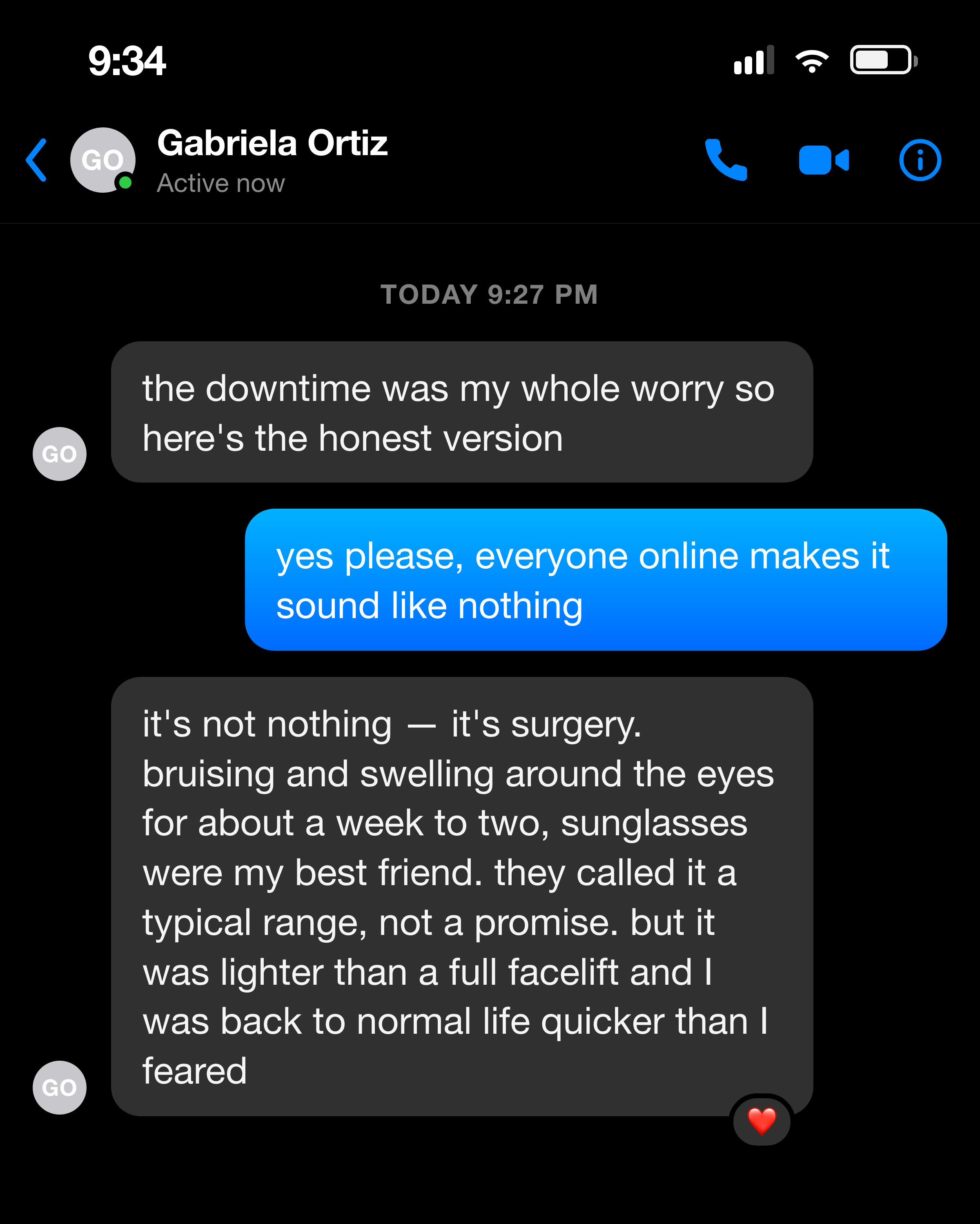 Messenger note giving the honest version of eyelid-surgery downtime and bruising