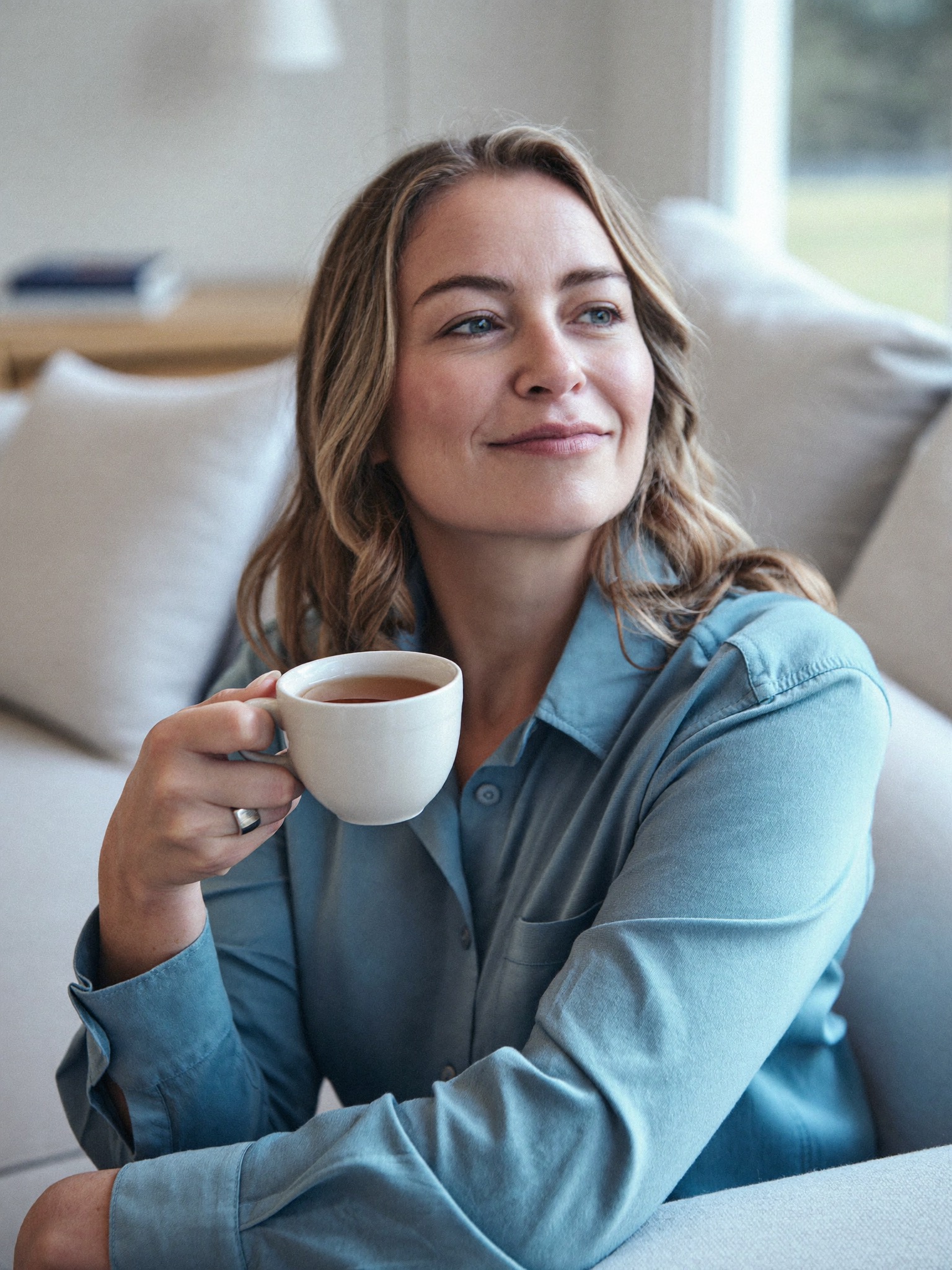 A woman resting comfortably at home, looking calm and refreshed
