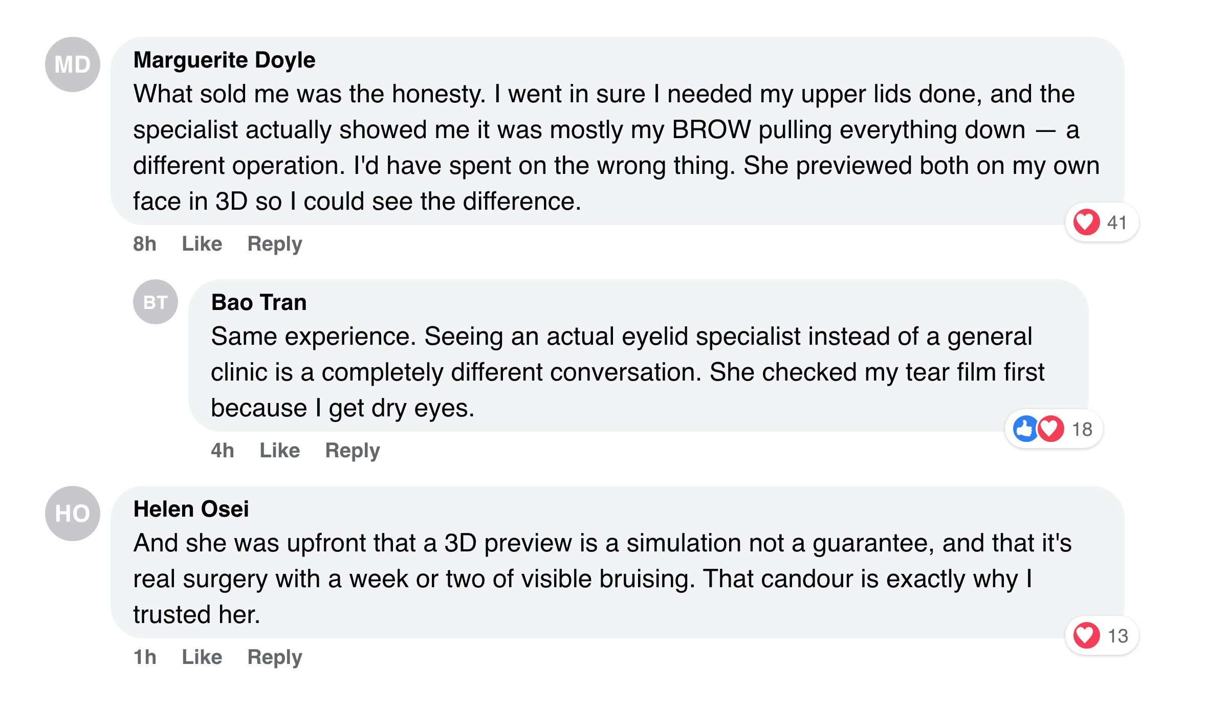 Facebook comments: the specialist said it was my brow, not just my lids