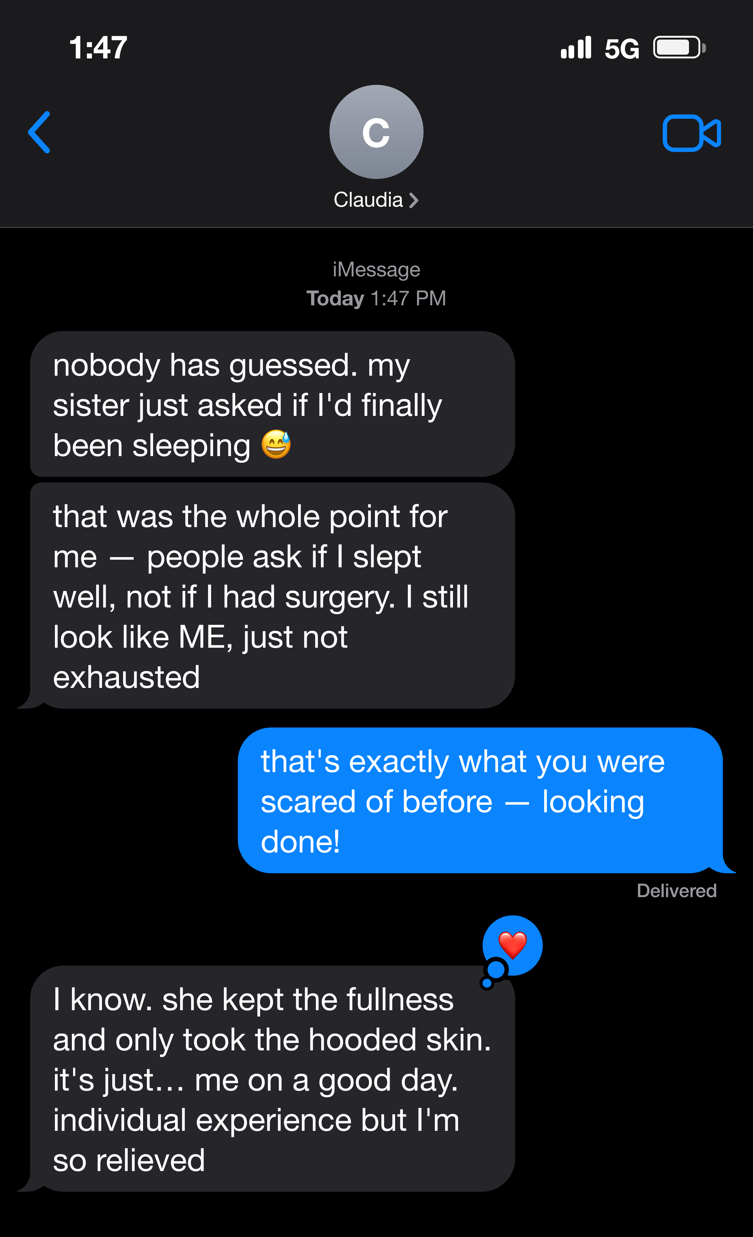 Text message: people ask if I slept well, not if I had surgery