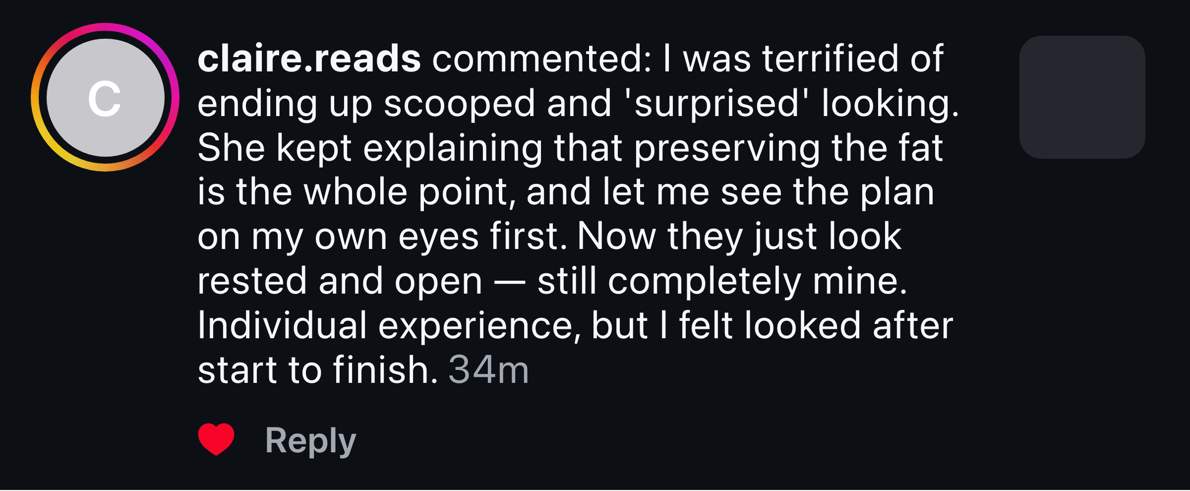 Instagram comment — a patient on a natural, not-hollowed result that still looks like her.