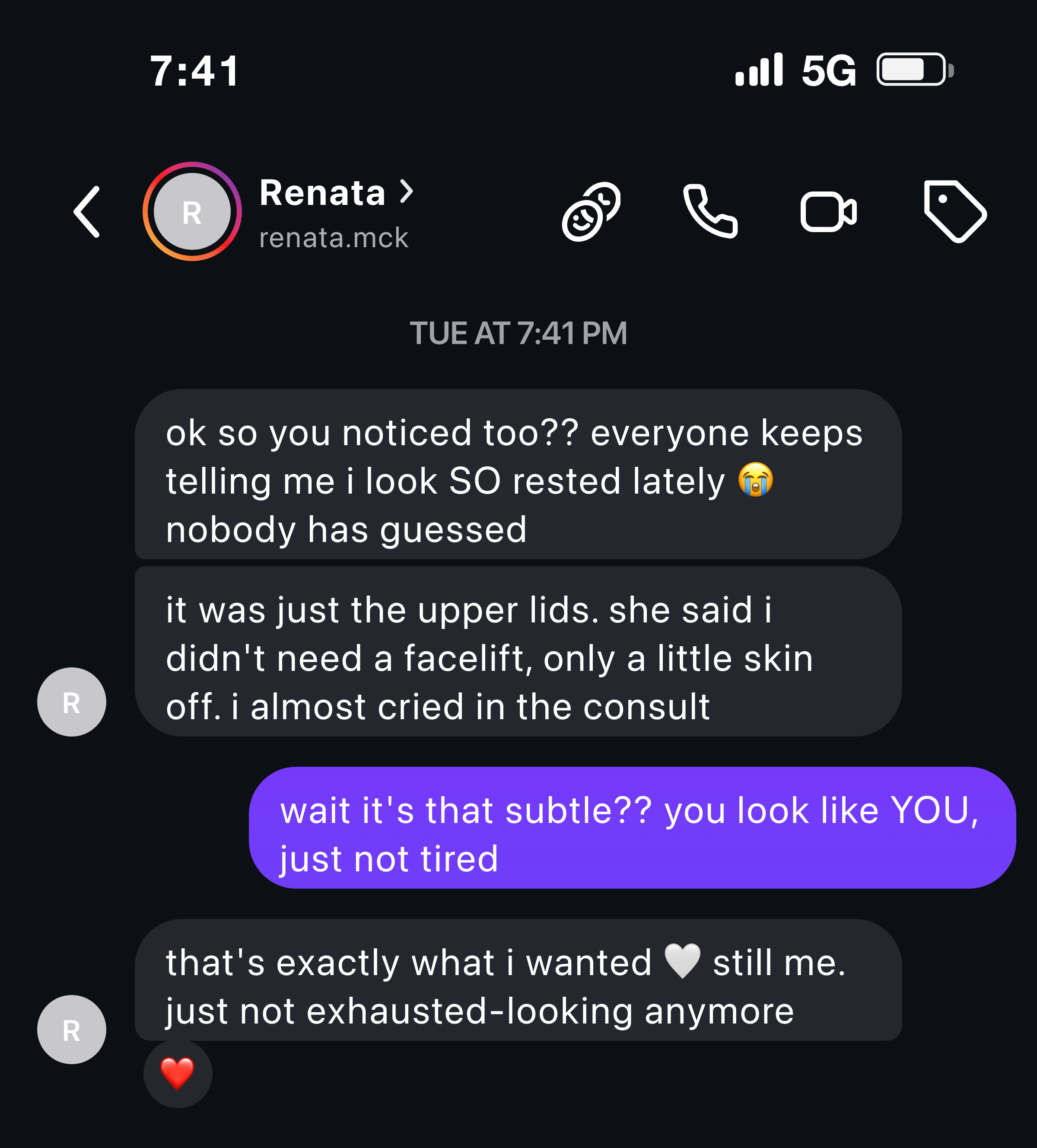 Instagram DM — a patient on people saying she looks rested, not that she'd had anything done.