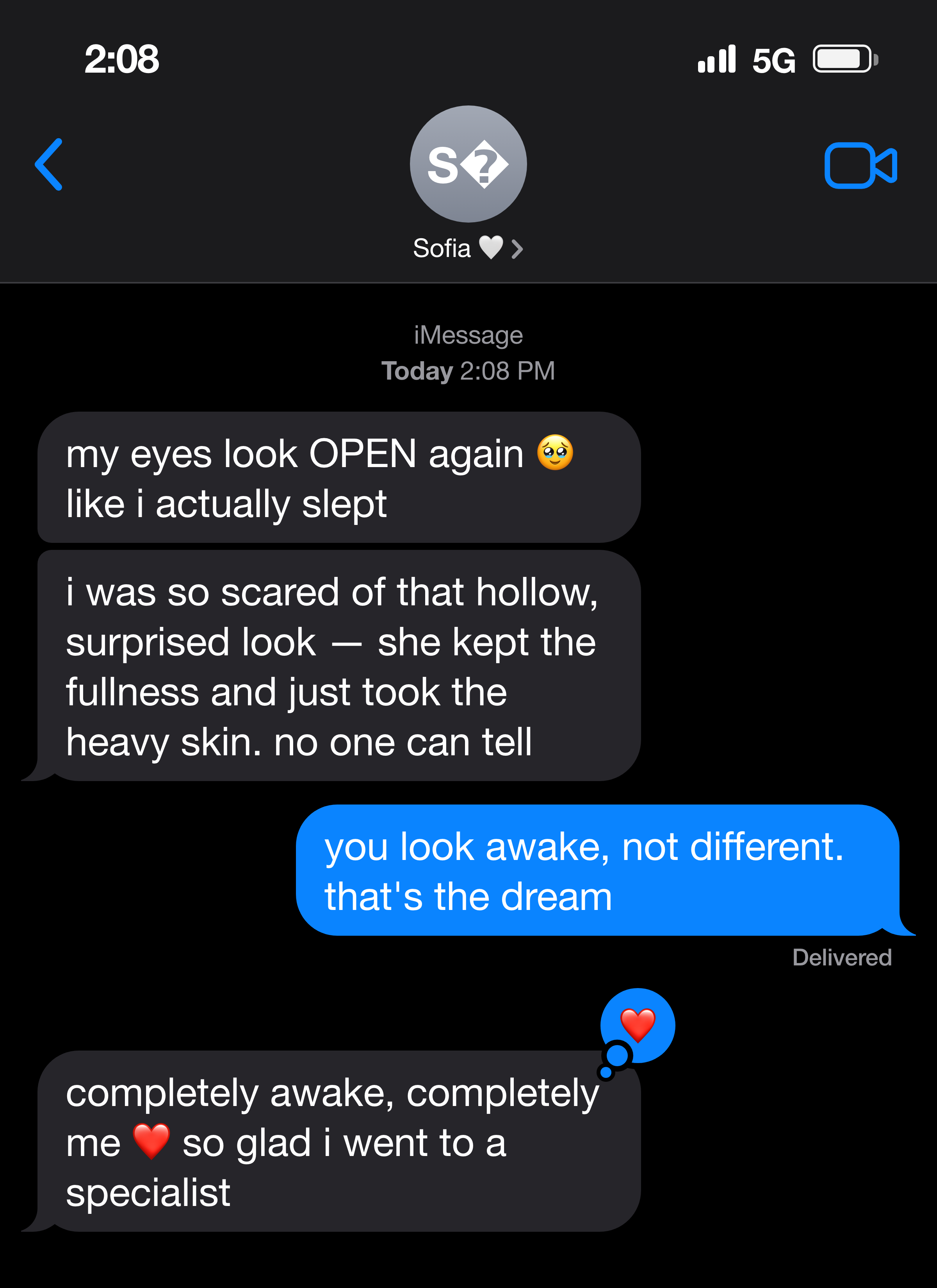 iMessage — a patient on her eyes looking open and awake again, still completely herself.