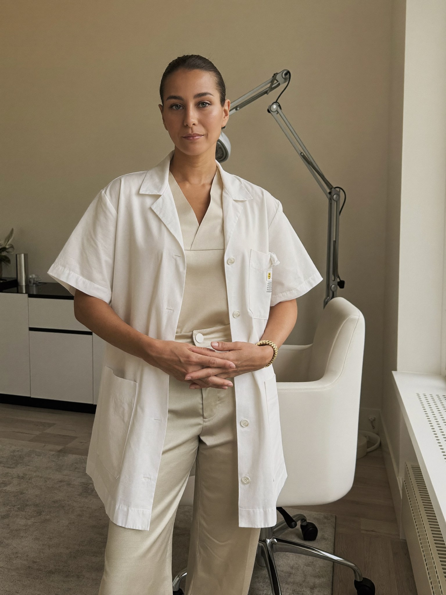 Dr. Élise Marchand, double board-certified facial plastic surgeon and oculoplastic (eyelid) specialist, in her consultation office.
